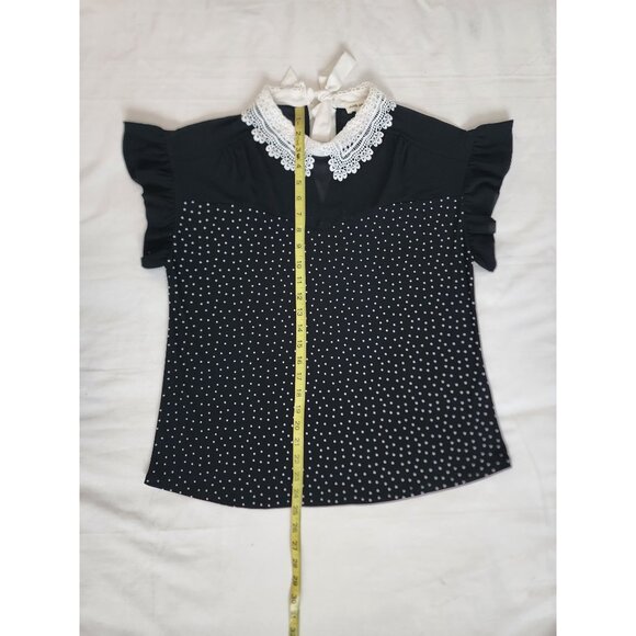 Faith And Joy Women's Black Polka Dot Eyelet Lace Collar Blouse Size Medium - Picture 10 of 12